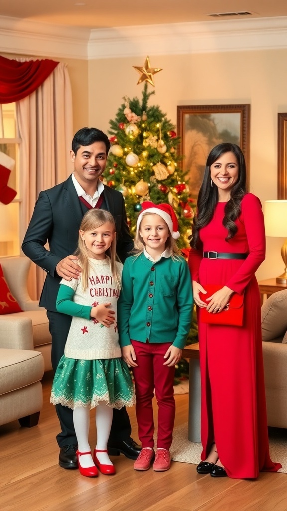A family in festive Christmas outfits in a decorated living room with a Christmas tree.